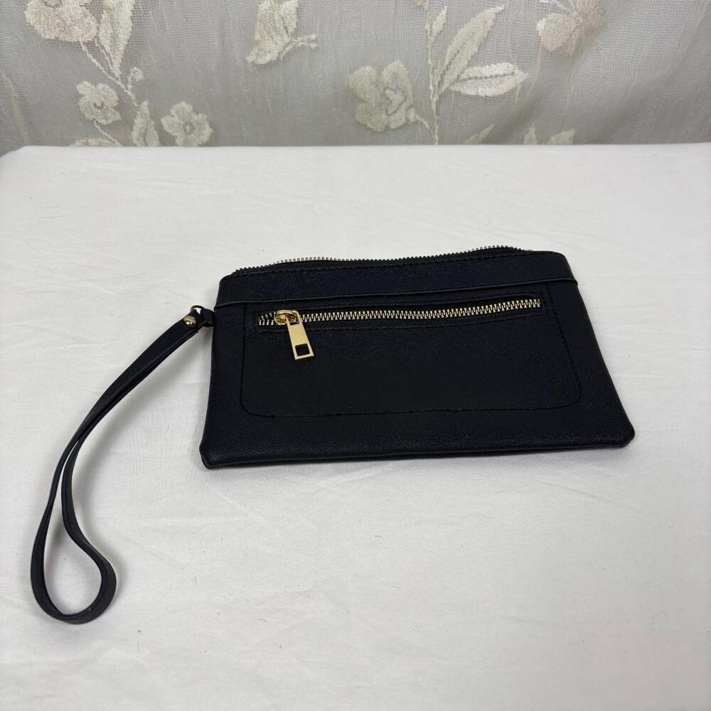 Black Faux Leather Wristlet Clutch Bag | Gold Zip | Y2K Minimalist